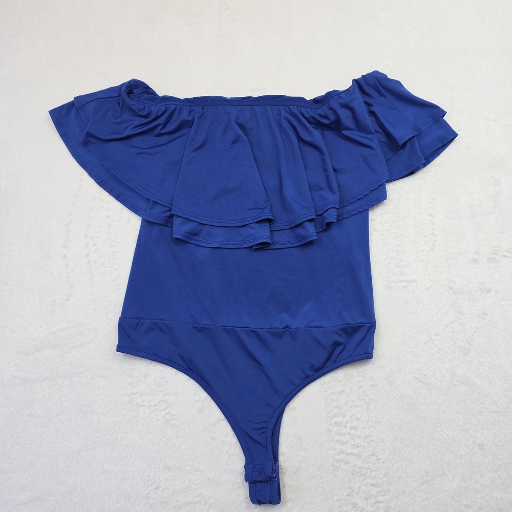 Arden B Blue Off Shoulder Ruffle Bodysuit Womens M Y2K Stretch Top
